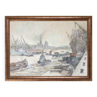 Watercolor by guy marc (1918-1995). port of rouen, 1974