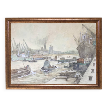 Aquarelle de guy marc (1918-1995).port de rouen,1974