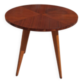 Table basse vintage scandinave, pieds compas et marqueterie, années 60