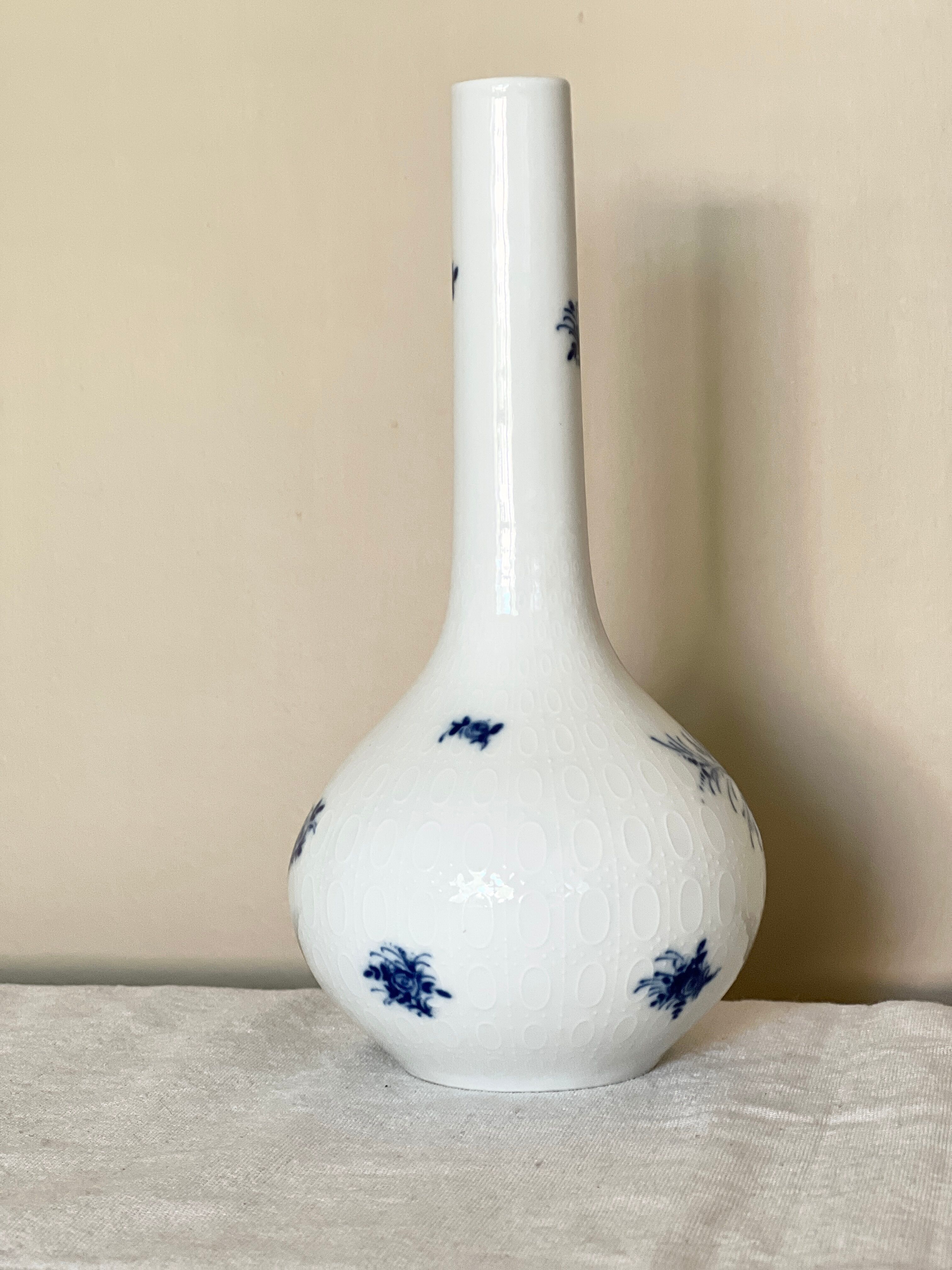 Rosenthal studio line, white and blue mid century porcelain vase, flowers decor by bjorn wiinblad,