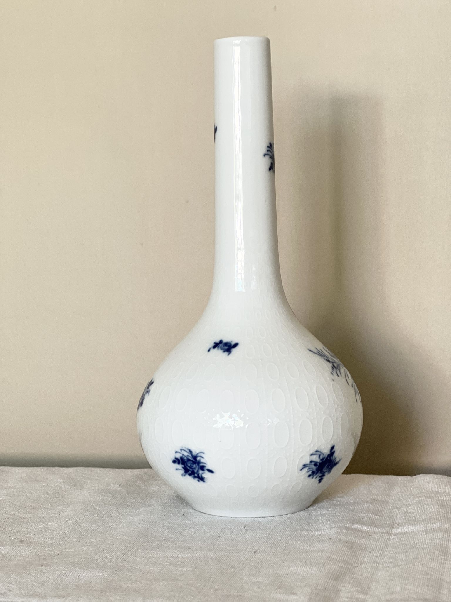 Rosenthal studio line, white and blue mid century porcelain vase, flowers decor by bjorn wiinblad,