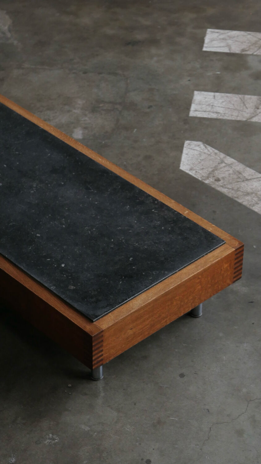 Belgian coffee table from the 80s, oak and blue stone from Belgium.