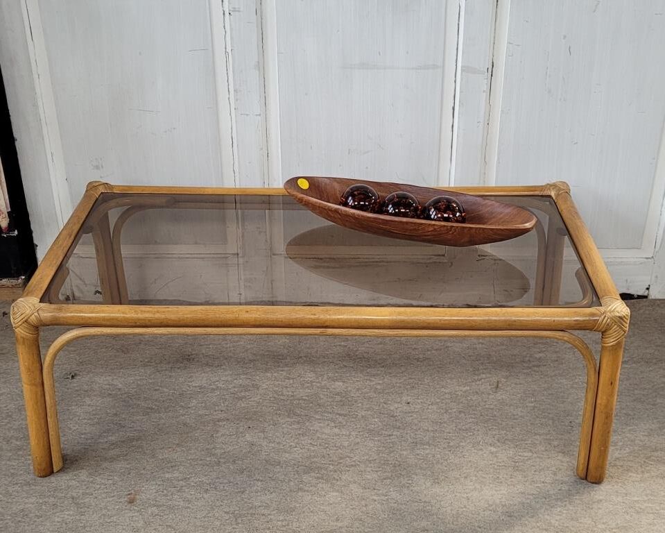 Rattan coffee table and smoked glass, from the 70s
