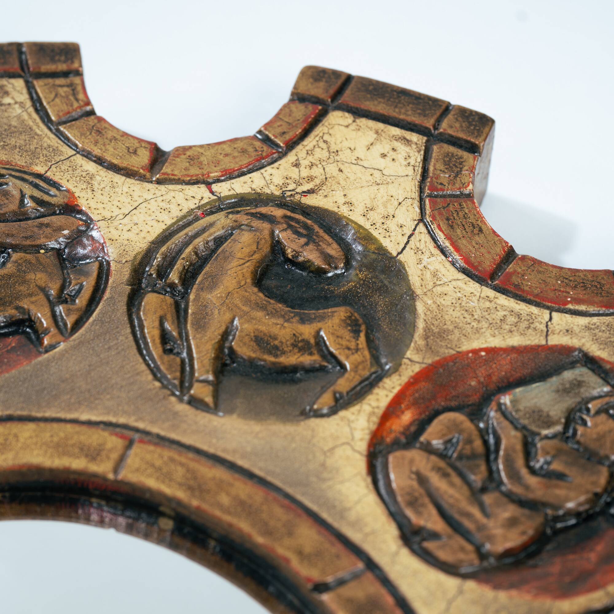Spanish Zodiac Sunburst Mirror with Sculpted Red Giltwood Frame, Arnolfini, 1950s