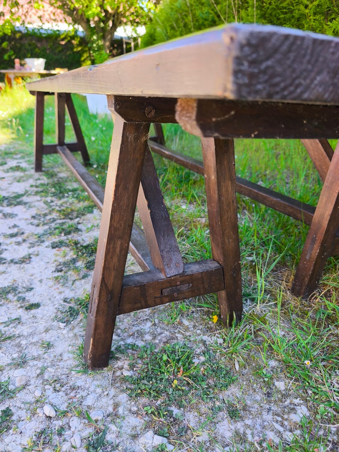 Pair of rustic antique long benches in solid wood – 195 cm