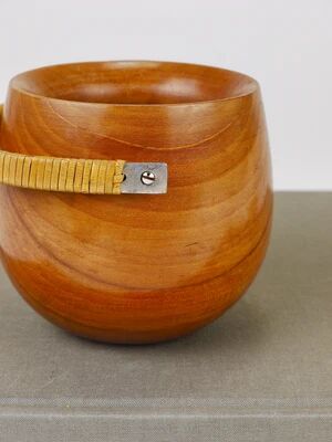 Carl Aubock sugar bowl & tongs, walnut, nickel, cane, no. 3536, 1940s
