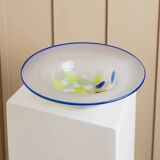 XL Vintage Murano Glass Bowl with Blue Rim and Multicolor Dots – Mouth-Blown Italian Glass, 1980s Pop Art