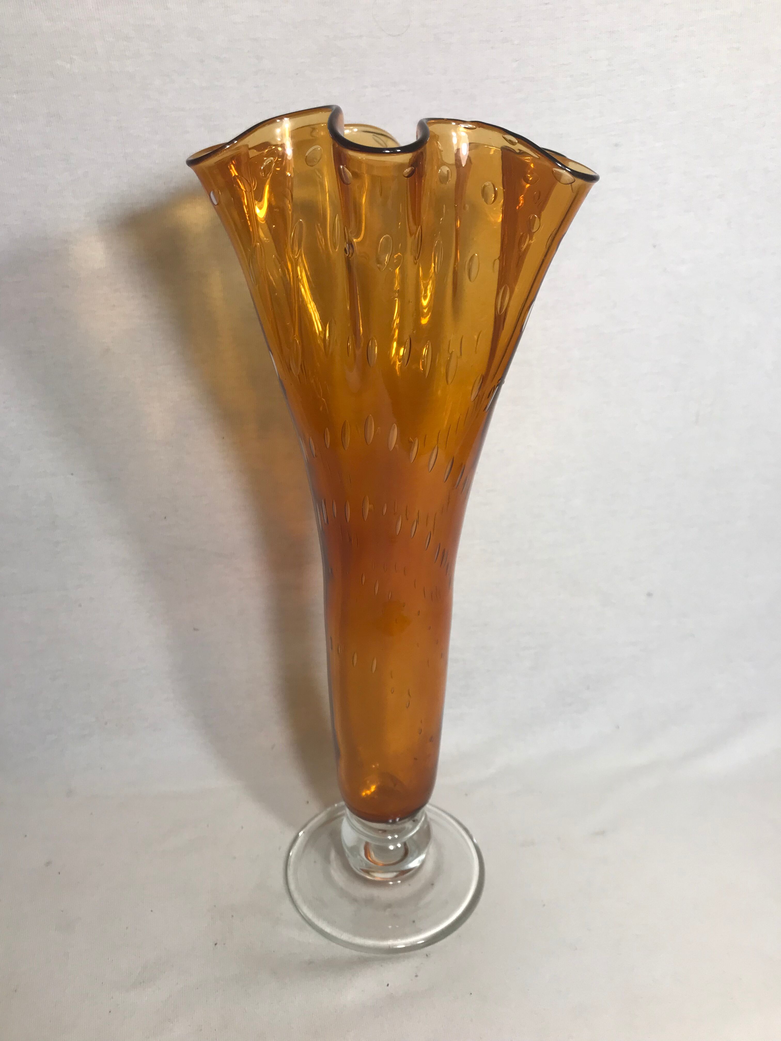 Old glass vase blown bubble orange & transparent vintage