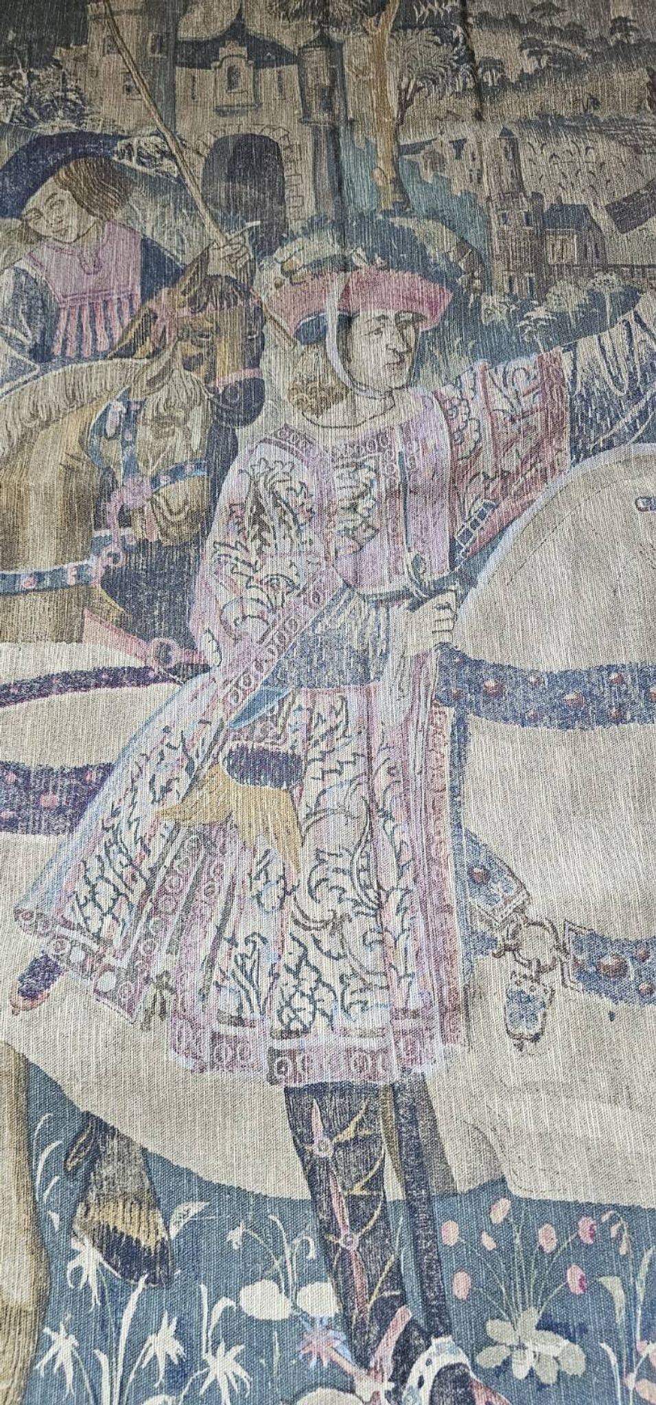Large antique wall tapestry – medieval equestrian scene – 180 × 138 cm