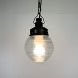 Industrial bakelite pendant light with ribbed glass, 1970s