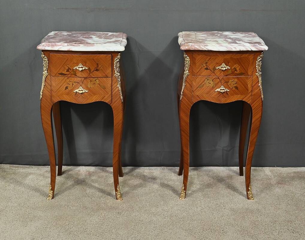 Pair of marquetry bedside tables, Louis XV style – 1960