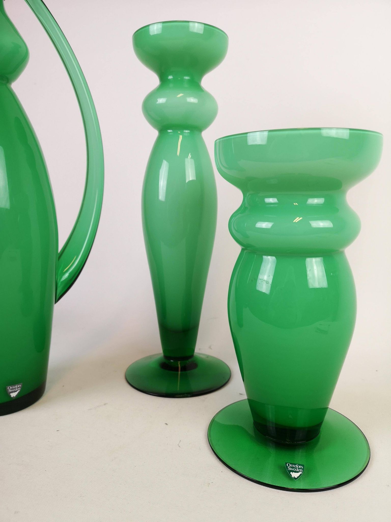 Ensemble de 3 pièces en verre vert Orrefors, Suède