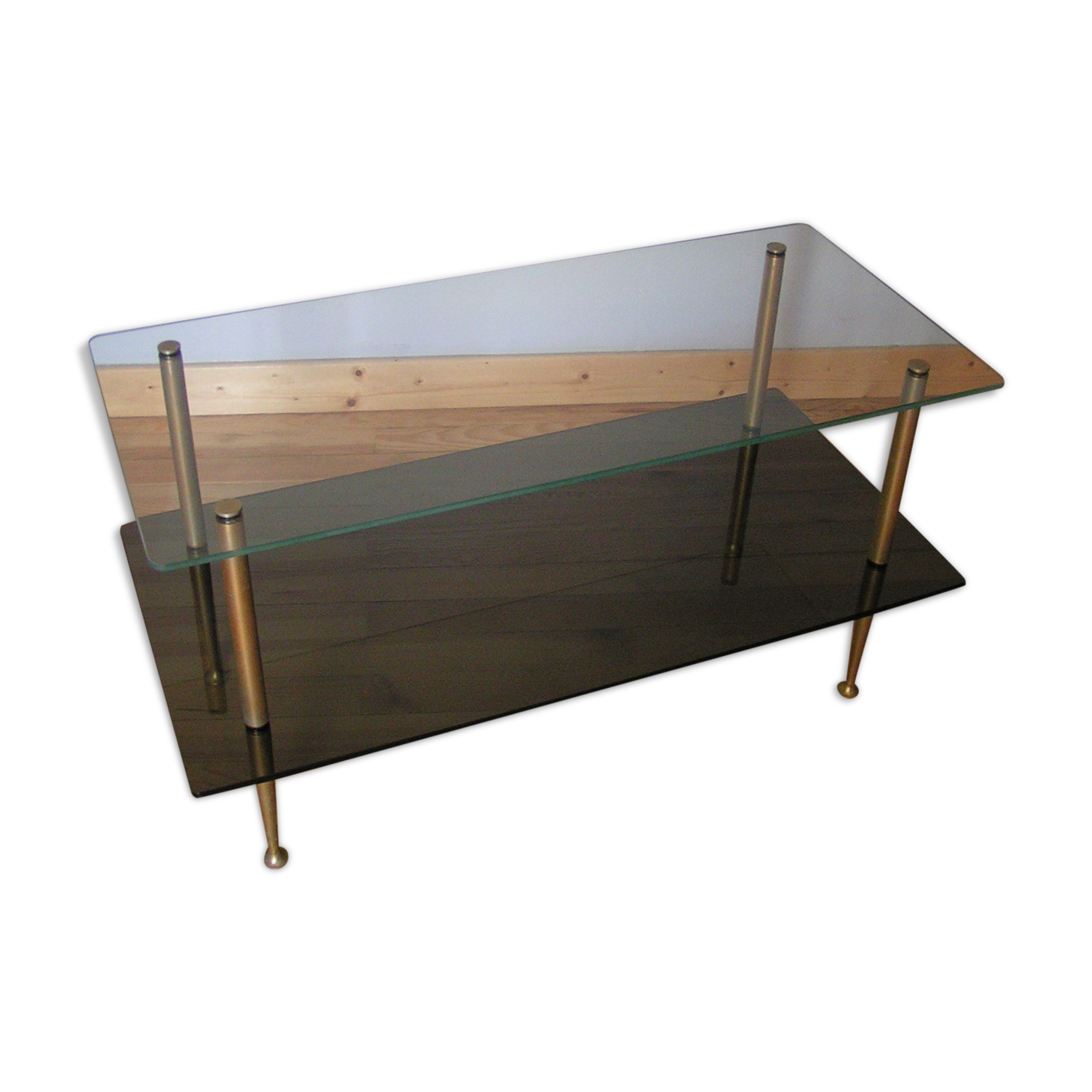 Coffee table double top glass and base brass 60 years