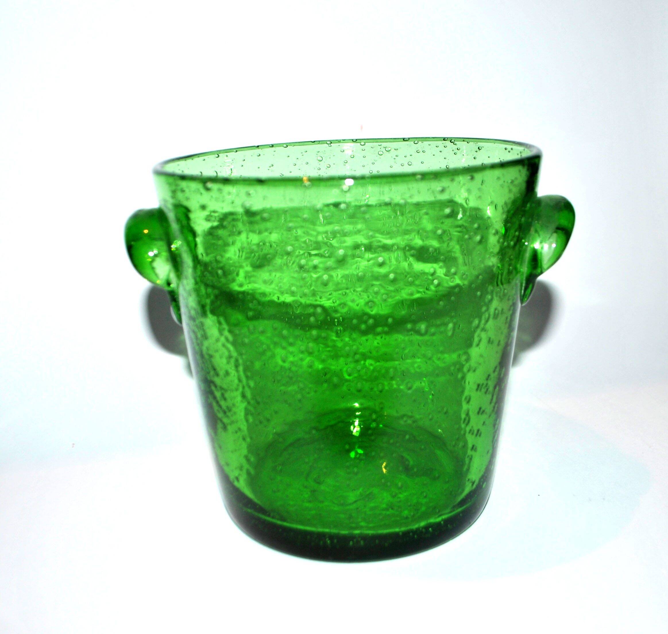 Vintage Biot Green Bubble Glass Ice Bucket - 13cm Ice Cream Pot Vase
