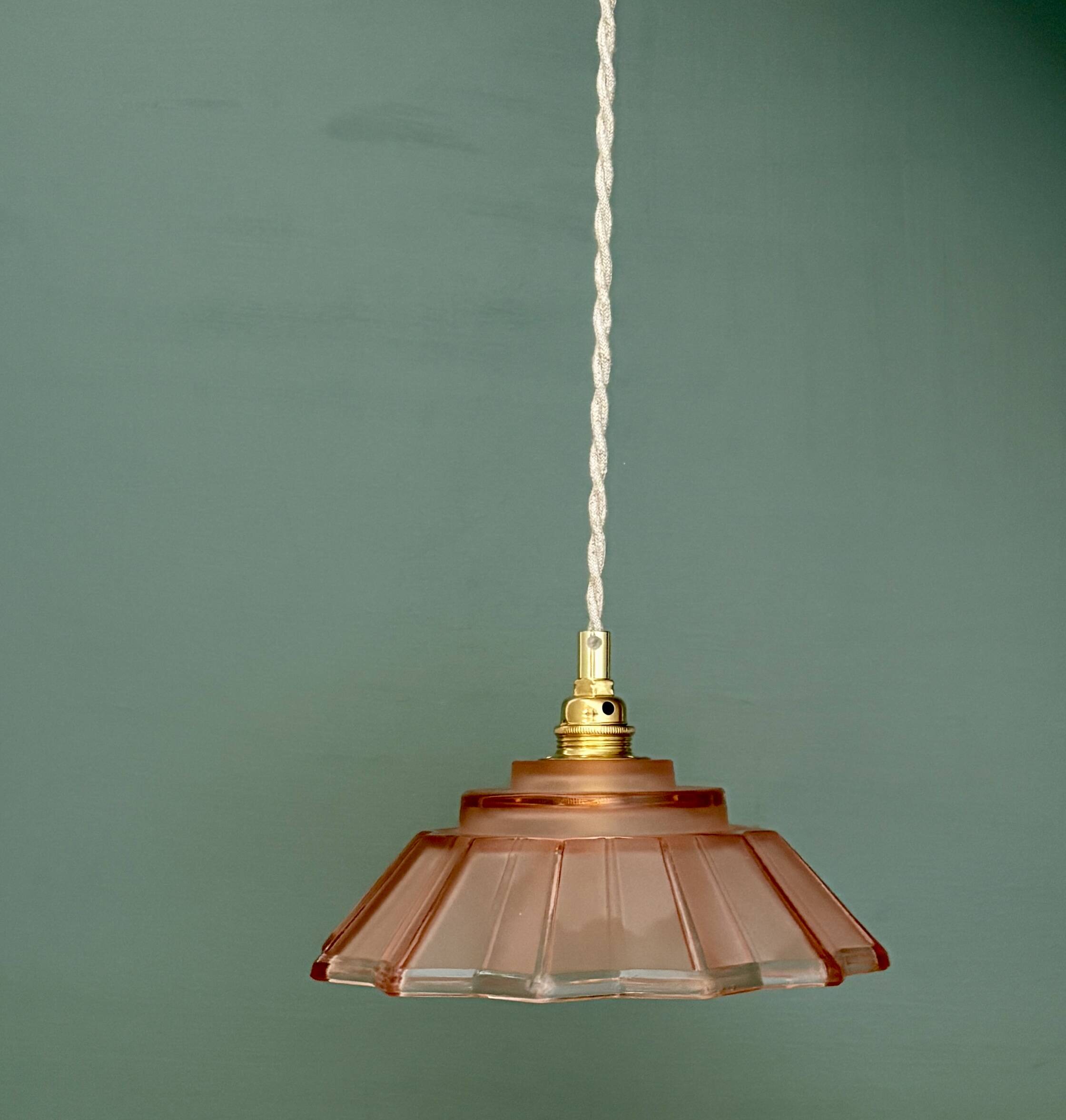 suspension vintage art deco lampshade in frosted pink glass
