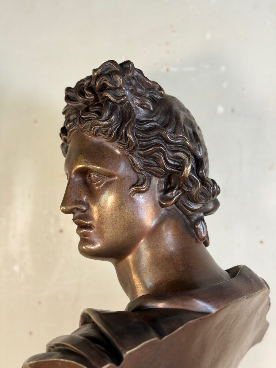 Bronze patina bust medal, Apollo of the Belvedere, bronzier Luppens, 19th century