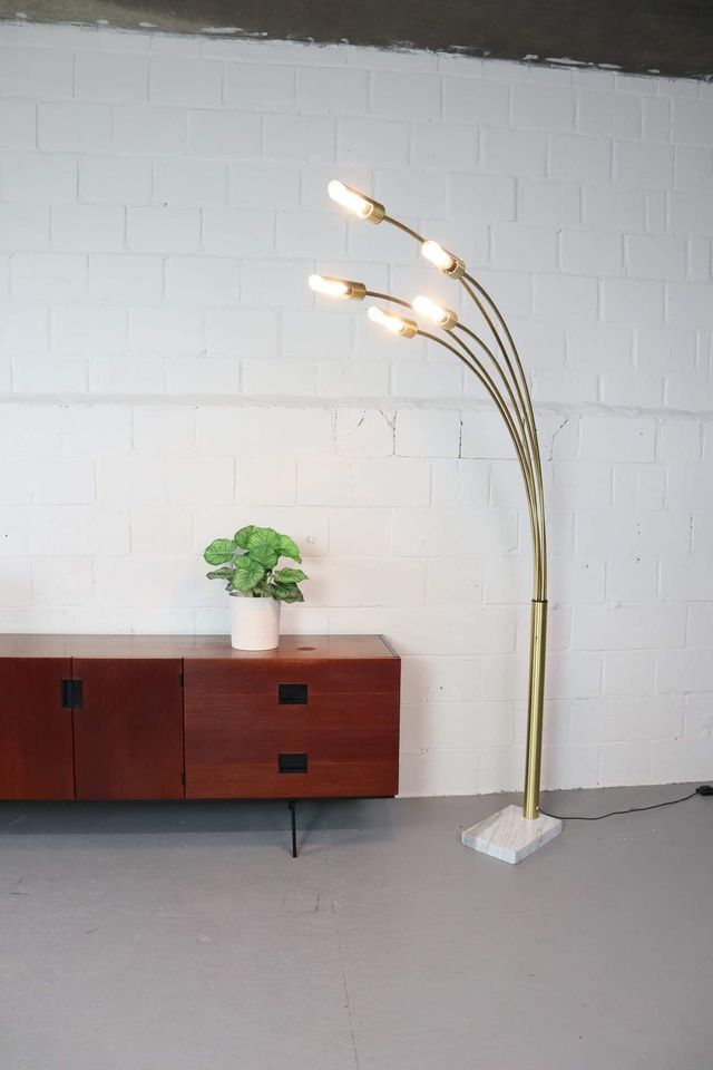 Italian regency brass arc floor lamp with five arms and marble base, 1970's