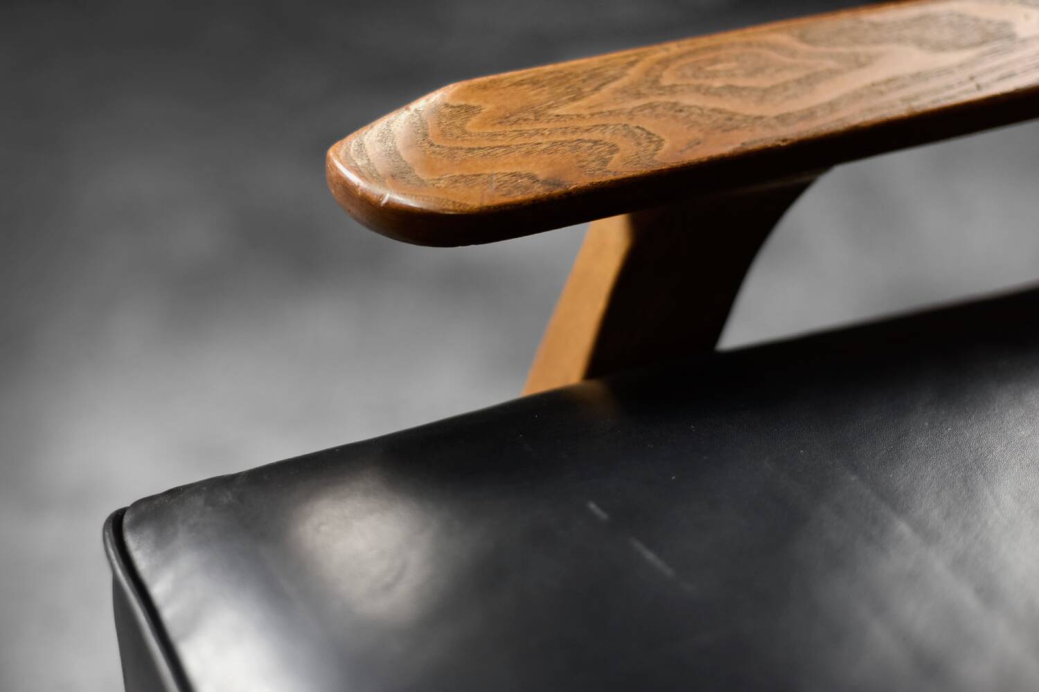 Vintage Mid-Century German Modern Oak & Black Leather Sofa, 1960s