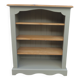 Green-grey library, wooden shelf and shelves in natural wood.