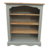 Bibliothèque vert de gris, plateau et étagères en bois naturel.