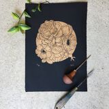 Original Lino Print "Peonies" by Iosephine Prints
