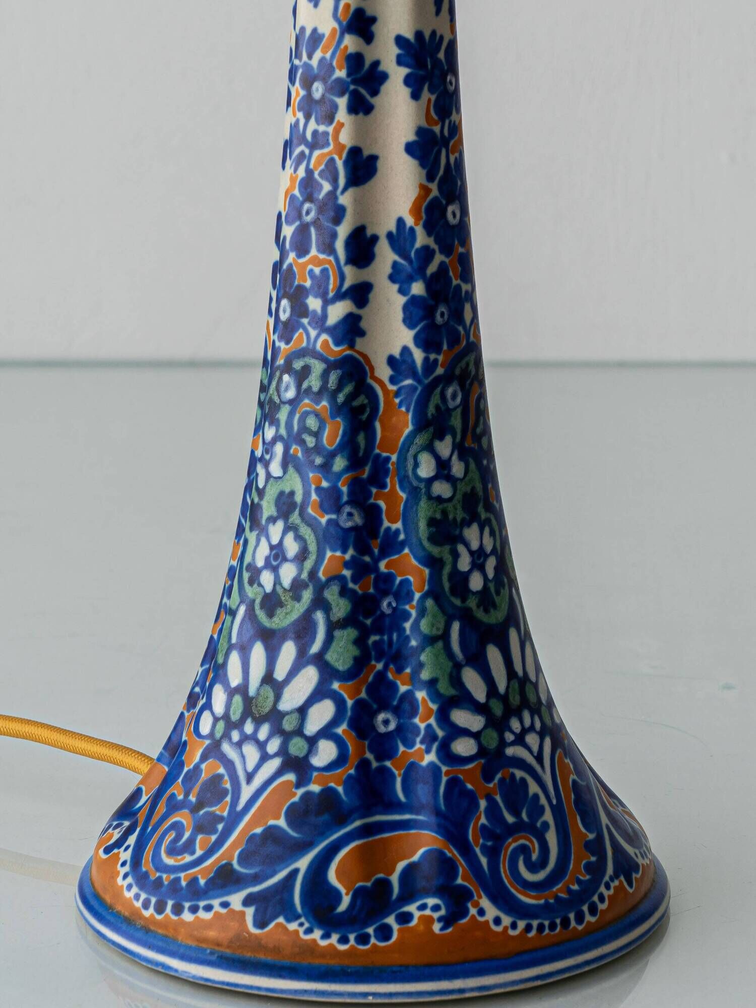 Antique Art Deco Gouda Pottery Table Lamp, c. 1910-35, New Ochre Linen Shade
