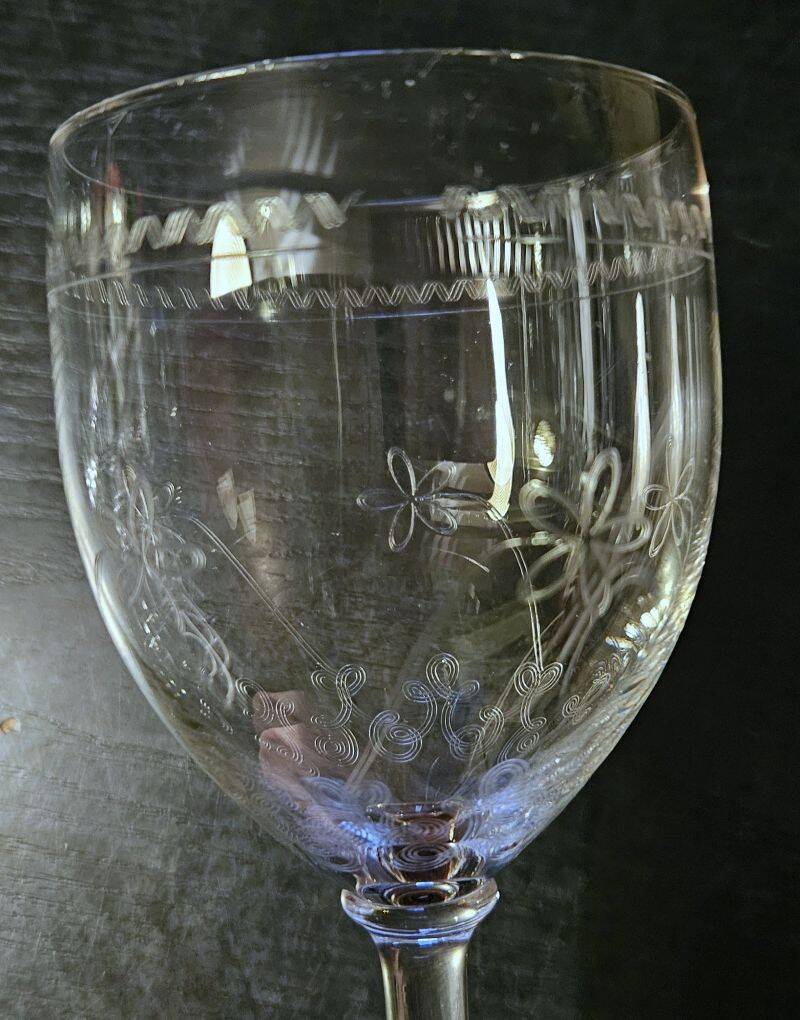9 antique glass wine glasses engraved with flowers
