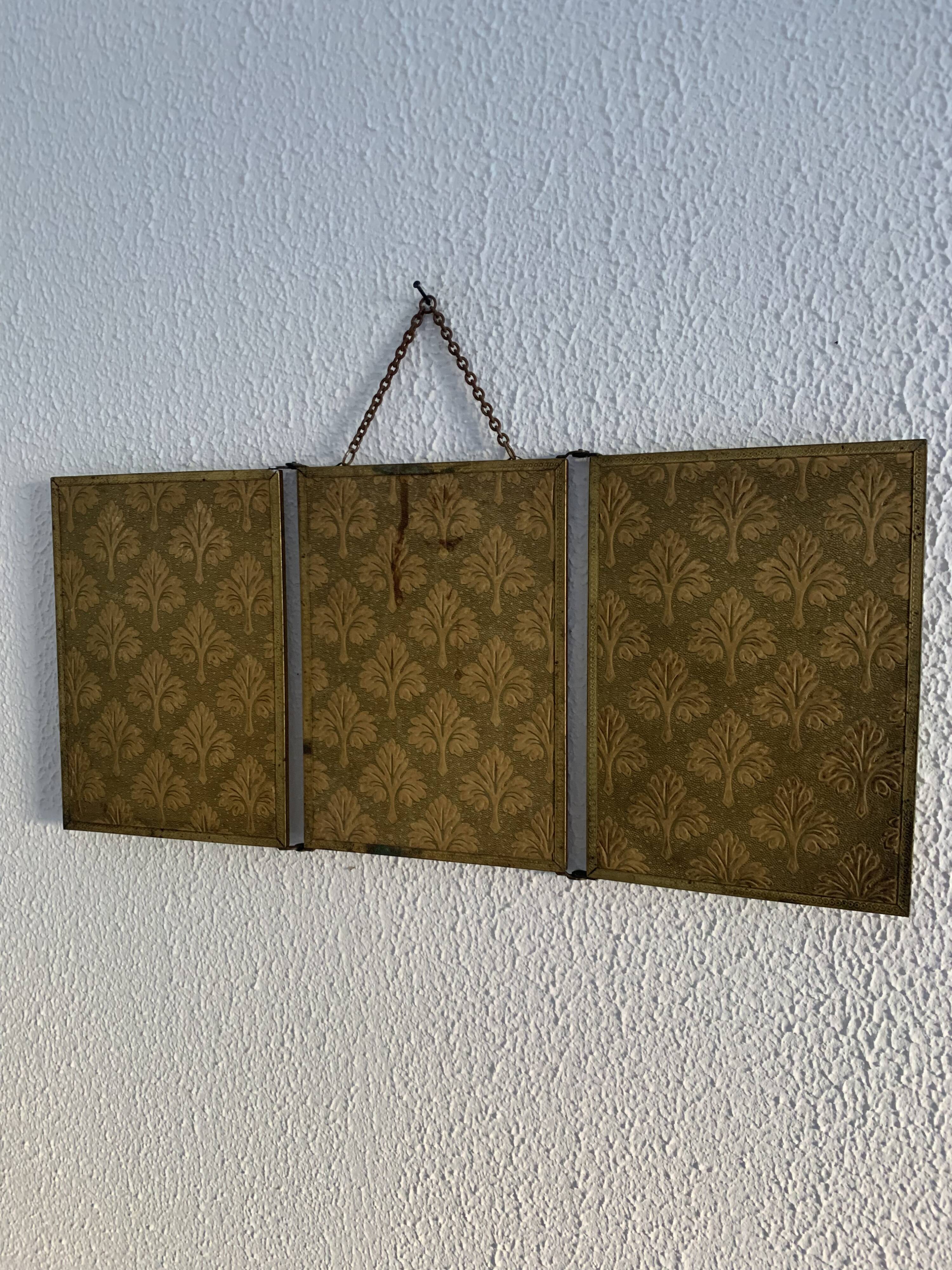 Miroir vintage 1900 triptyque barbier Art Nouveau doré - 21 x 48 cm