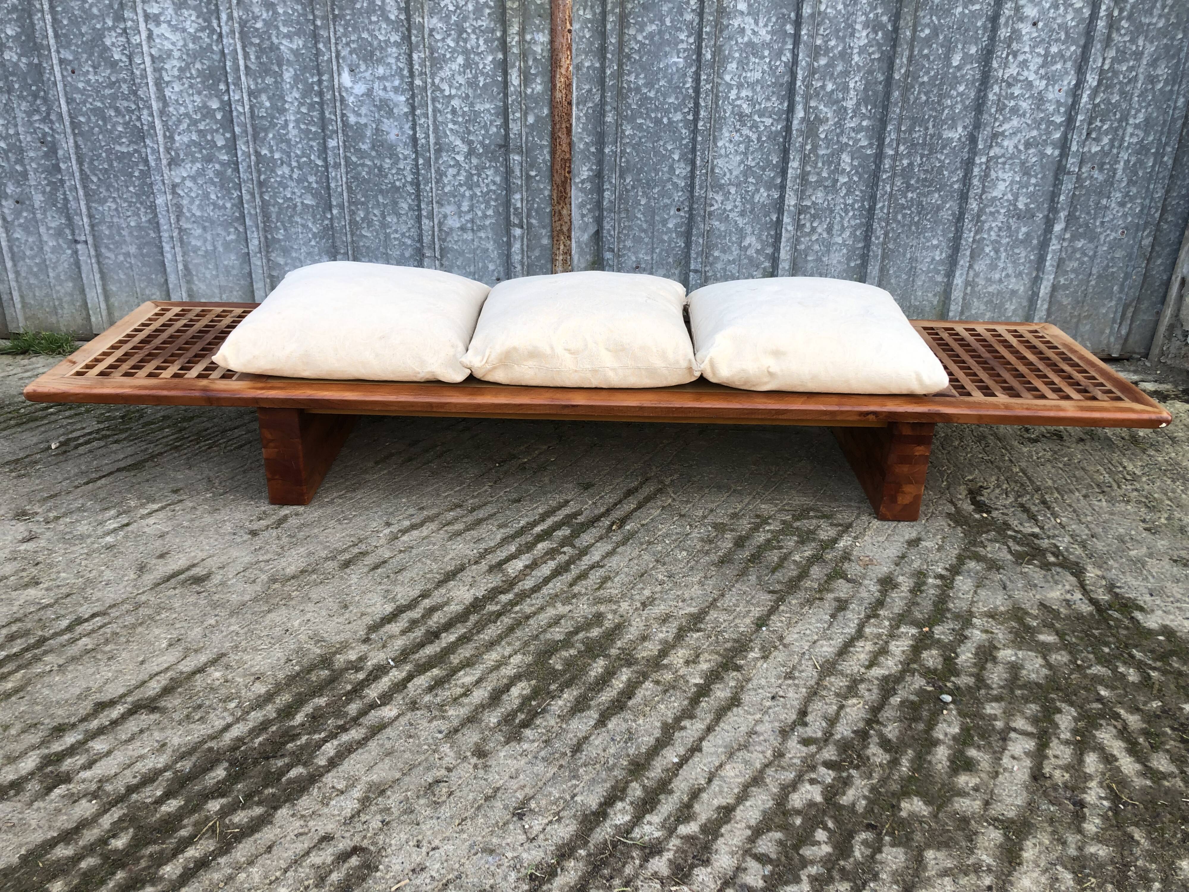 Vintage Yew Wood Bench with 3 Cushions
