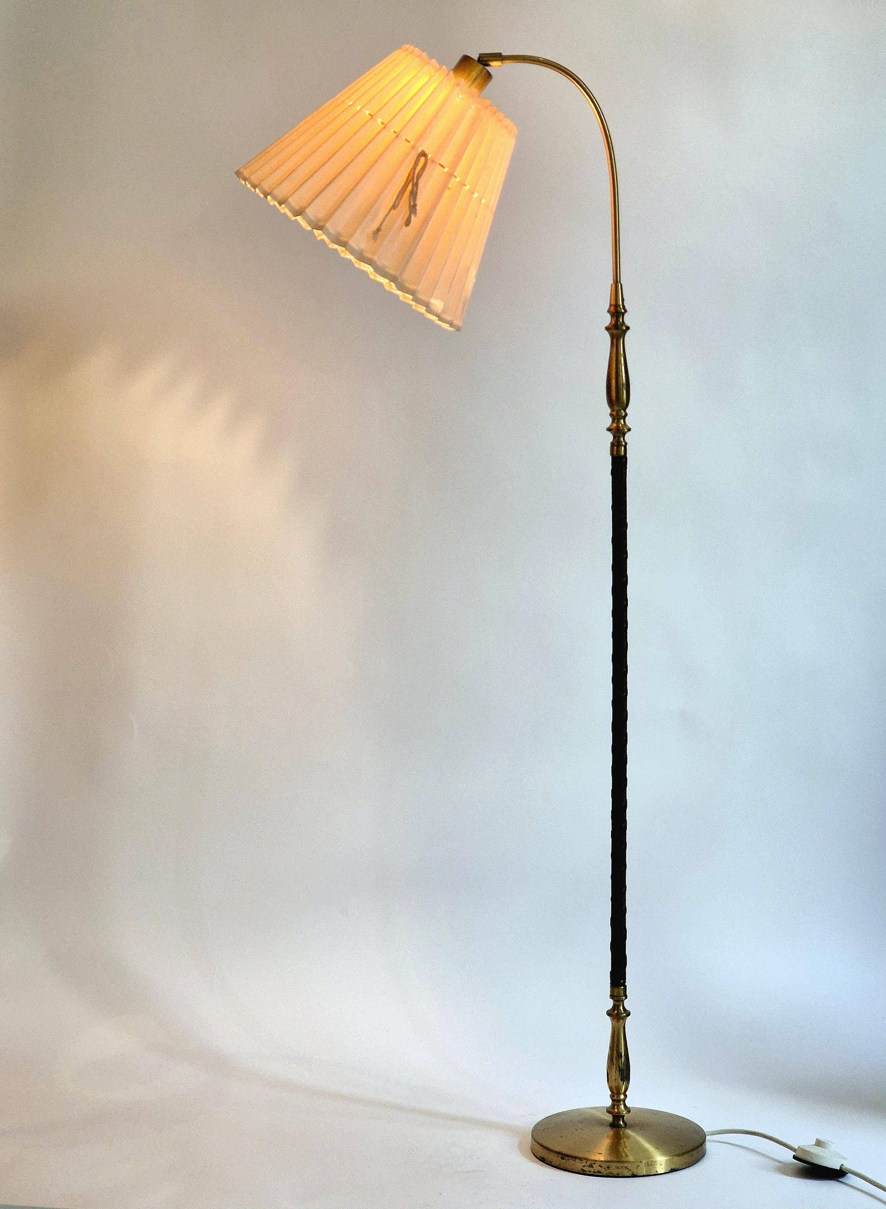 Brass floor lamp with dark brown leather trim, Swedish / Scandinavian Modernity