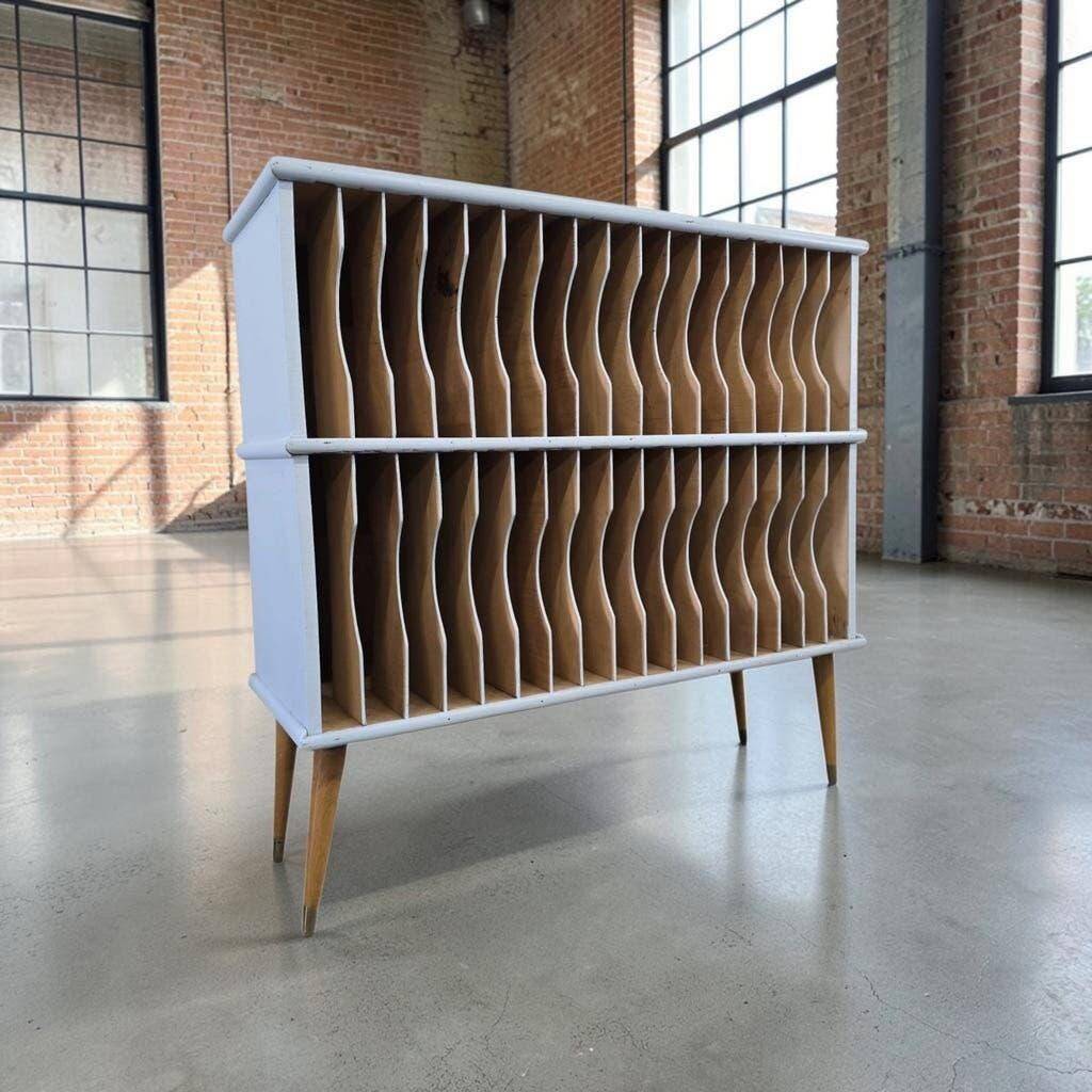 Vintage mint blue wooden display cabinet / storage system for vinyl records