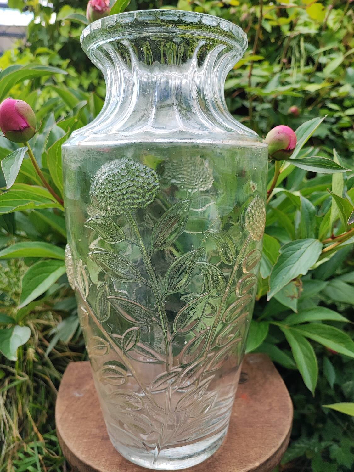 Old large molded glass vase with thistle decoration