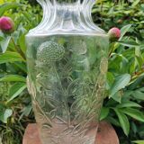 Old large molded glass vase with thistle decoration