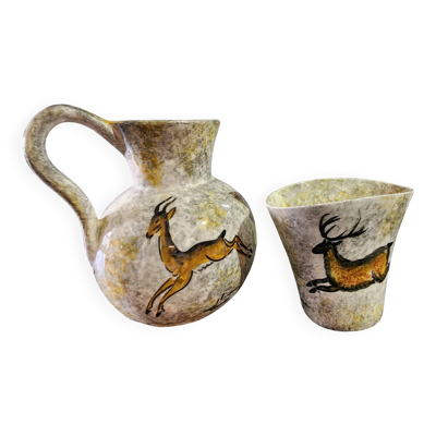 Cruche et gobelet en céramique artisanale décoré à la main motif gazelle