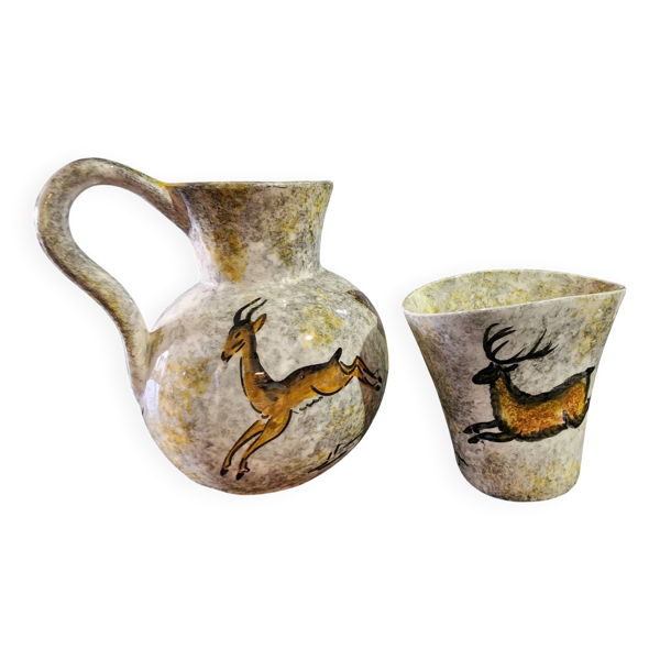 Cruche et gobelet en céramique artisanale décoré à la main motif gazelle