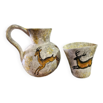 set of jug and ceramic cup handmade decorated with gazelle and deer