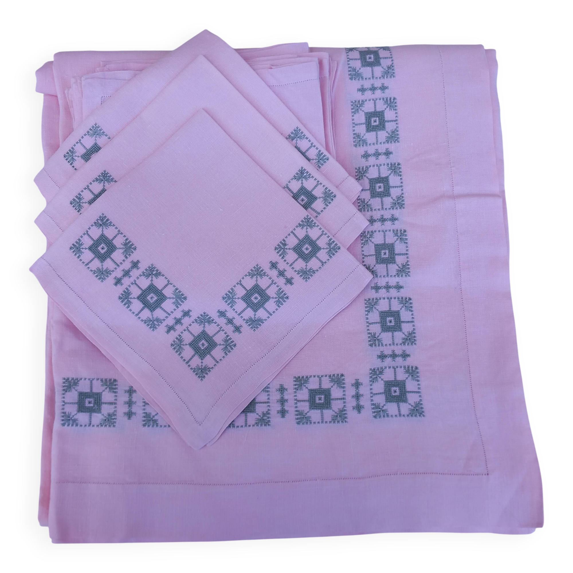 Large vintage linen tablecloth embroidered in pink and 12 matching napkins.