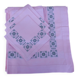 Large vintage linen tablecloth embroidered in pink and 12 matching napkins.