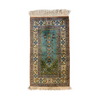 Vintage Turkish Vegan Silk Rug, 120x62 cm, Kayseri, Blue, Beige Small