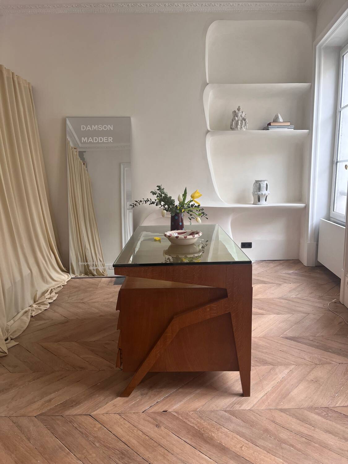 Mid-century Gio Ponti desk / Italian desk with a wooden and glass top