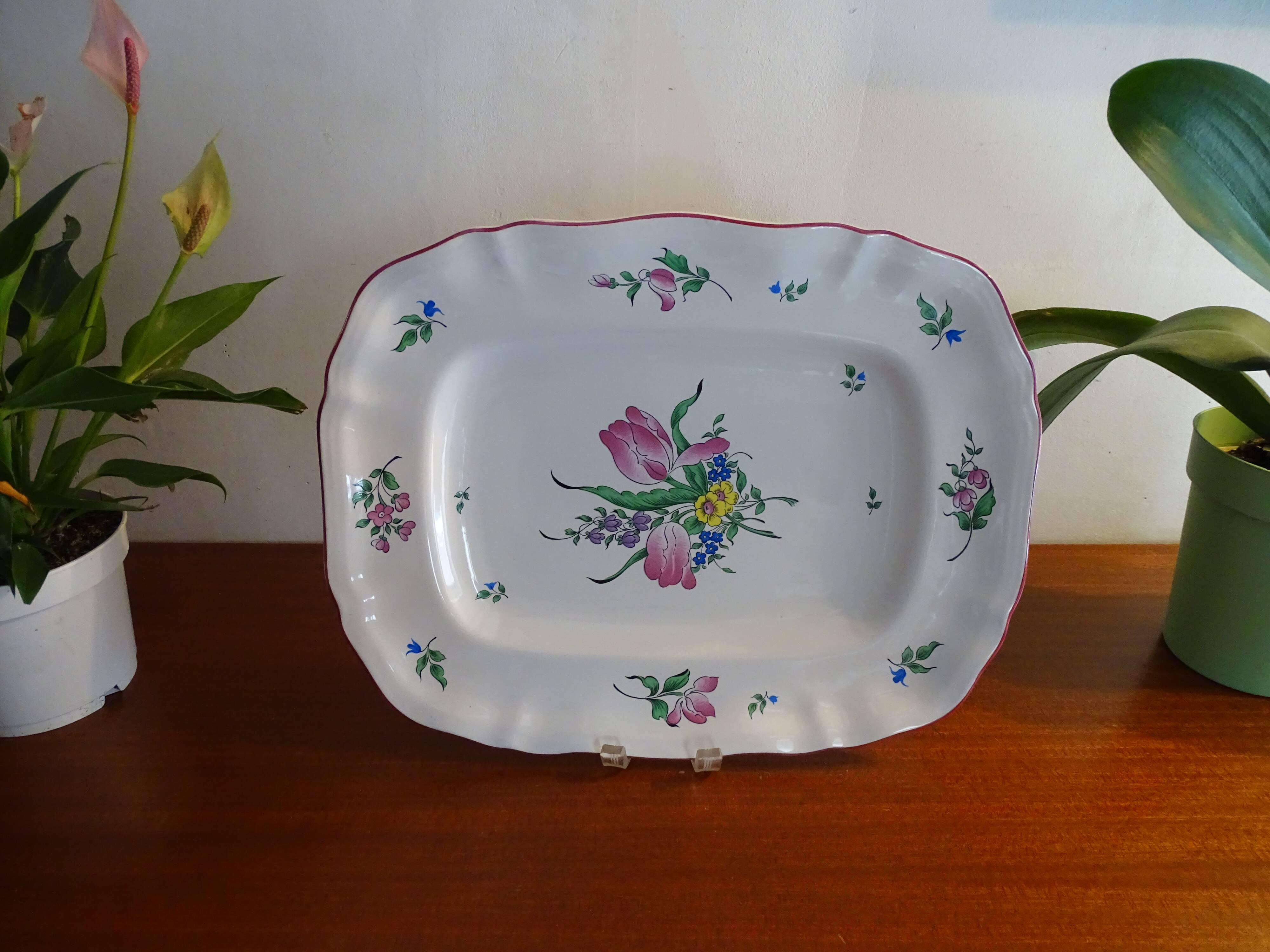 Large dish KG Lunéville street lamp tulip and flowers - 35.5 cm x 28 cm