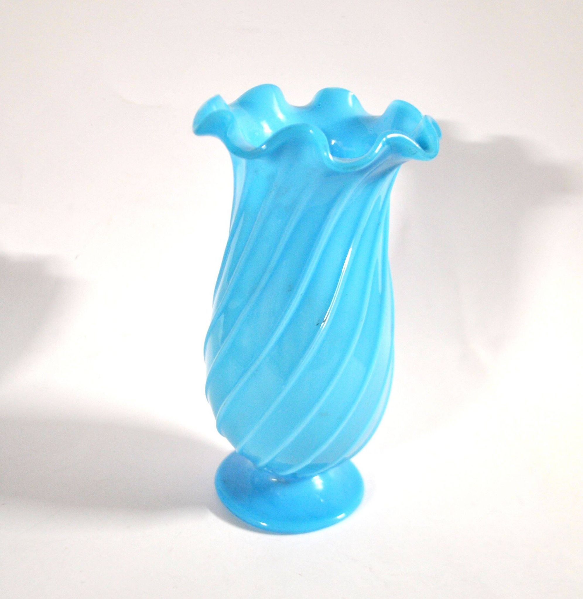 Vallerysthal antique vase in blown turquoise opaline with twisted ribs.