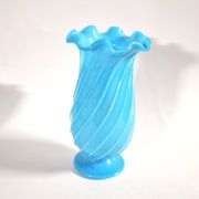Vallerysthal antique vase in blown turquoise opaline with twisted ribs.
