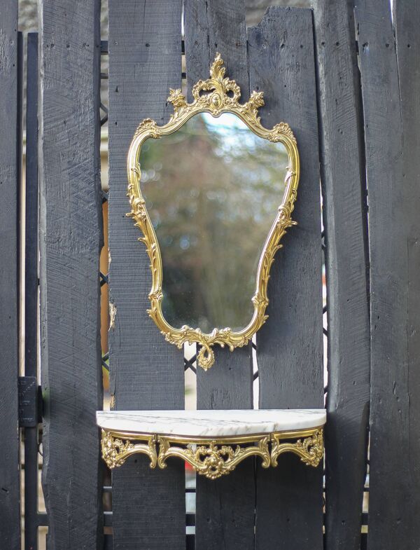 Console et son miroir vintage, console murale laiton et marbre, miroir laiton style rococo