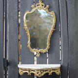 Console and its vintage mirror, brass and marble wall console, rococo style brass mirror