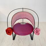 Postmodern Sculptural Armchair in Black Metal and Pink Red Silk Padding, 1980
