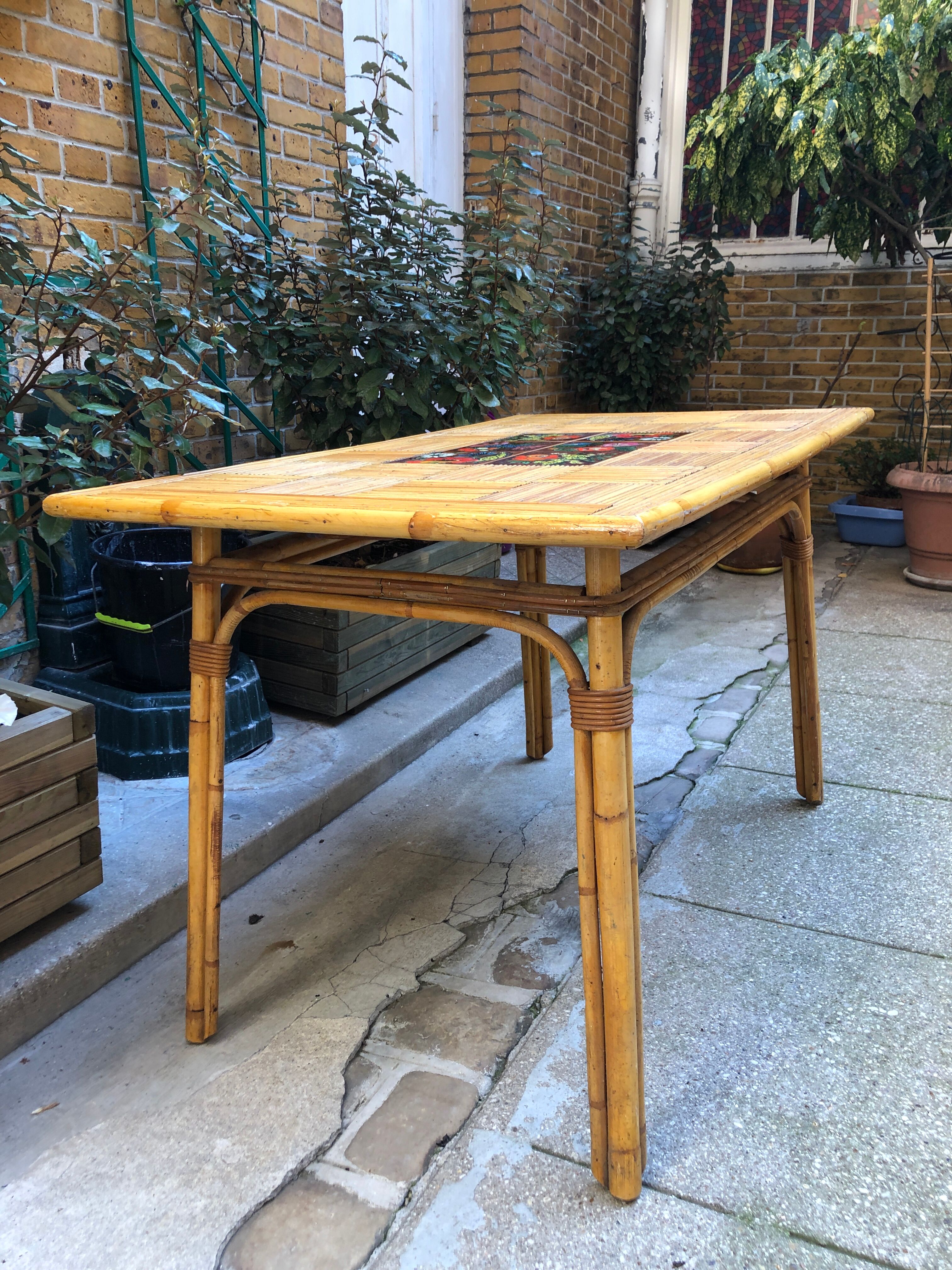 Vintage bamboo, rattan and Vallauris tiles table