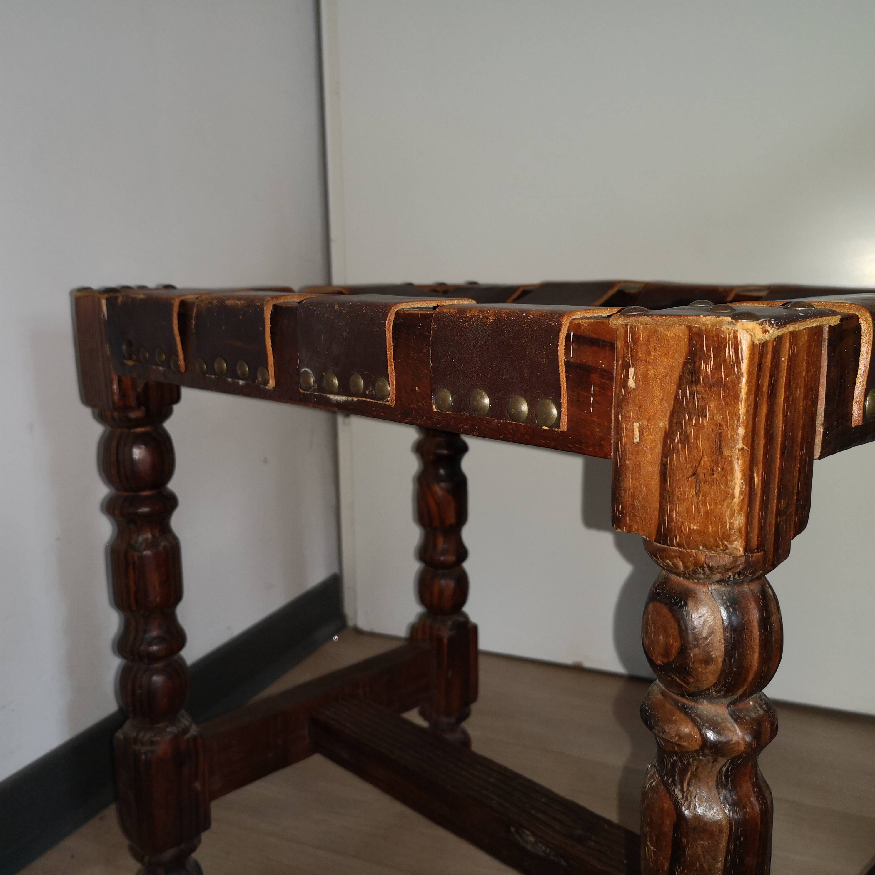 brutalist Spanish vintage leather stool 1960s