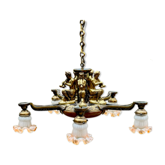 Art Deco chandelier decorated with solid bronze figures