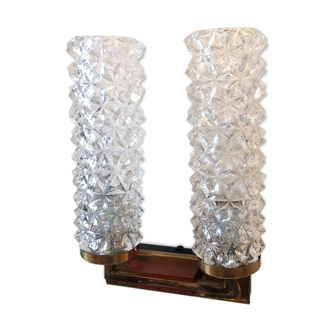 Double Wall lamp brass, wood and molded/sculpted glasses, 1960